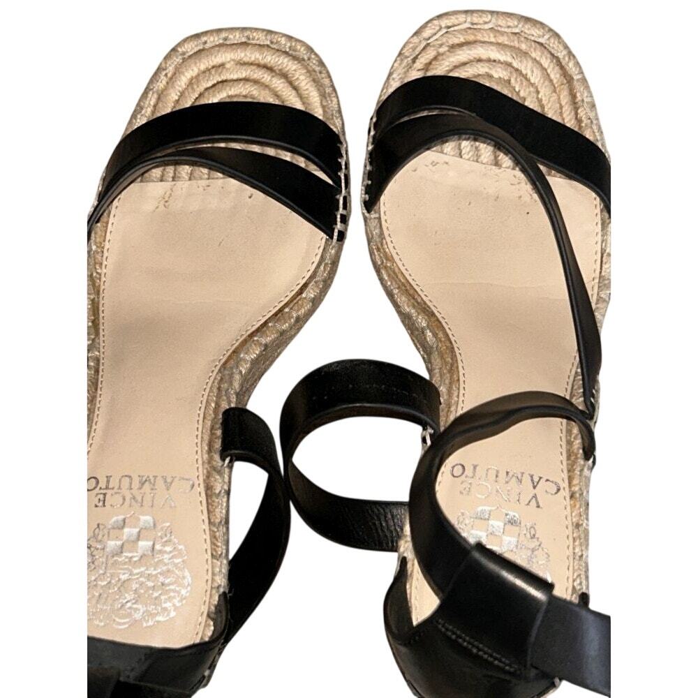 Vince Camuto Mesteria Black Leather Espadrille 3" Wedge Sandals 7 - Picture 7 of 9